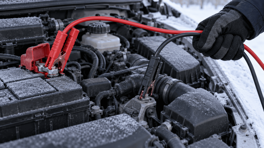 Затискачі дротів прикурювання на клемах автомобільного акумулятора