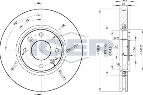 Диск тормозной (передний) Citroen Berlingo 96-/С3/С4/С5 01-/Peugeot 308 07- (283x26)(с покр.)(вент.)