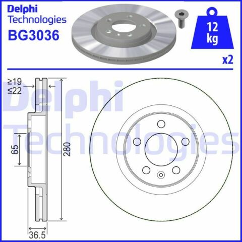 Диск тормозной (передний) (к-кт 2шт) Skoda Octavia/VW Golf IV 97- (280x22) (с покрытием) (вентилируемый)