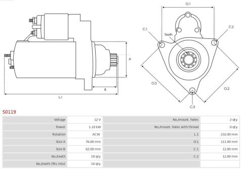 Стартер Audi A3/VW Golf/Sharan/Skoda Octavia/Seat Alhambra/Leon/Toledo 1.8 T-2.0 95-10 (1.1kw)(z=10)