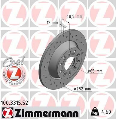 Диск тормозной (задний) Audi A3/Skoda Octavia/VW Golf/Passat 04-14 (282x12) (с покрытием)( с отверстиями)