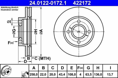 Диск тормозной (передний) Ford Fiesta 00-08/Focus 98-04/Fusion 02-12 (258x22) (с покр.) (вент.)