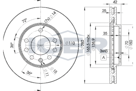 Диск тормозной (передний) Opel Combo 04-/Astra G/H/Zafira A/B 98-15 (280x25)(с покр.)(вентилированный)