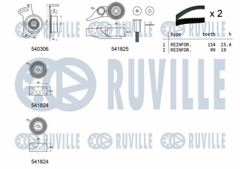 RUVILLE MITSUBISHI К-т ГРМ  (2 ремня+4 ролика)  L200 2.5 05-