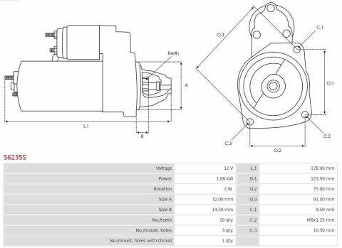 Стартер Citroen C3/C4/Peugeot 108/2008/208/301 1.0/1.2 VTI 12- (12V/1kw) (z=10)