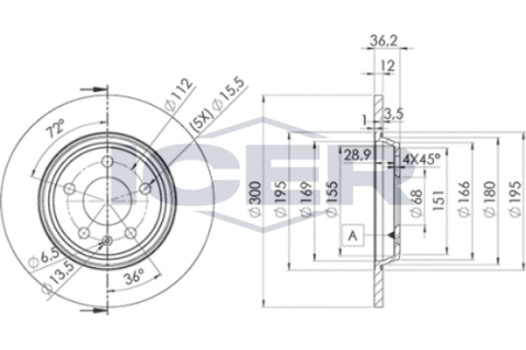 Диск тормозной (задний) Audi A4/A5 04-17/Q5/A6/A7 08-(300x12) (с покрытием) (полный)