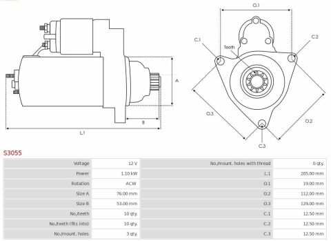 Стартер Seat Ibiza/Skoda Octavia/Superb/Yeti/VW Passat/T5 1.4/1.8/2.0i 03-15 (1.1kw) (z=10)