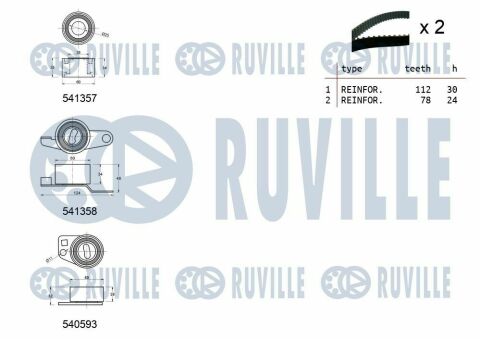 RUVILLE К-т ГРМ (2 ремня+3 ролика+крепеж) LANDROVER Freelander 2,0DI -06