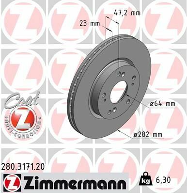 Диск тормозной (передний) Honda Civic 05-(282x23) (с покрытием) (вентилированный)