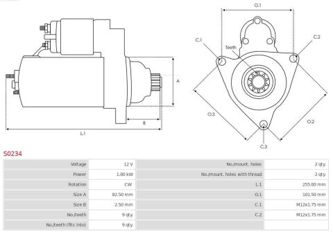 Стартер Audi A4 1.8T-3.0/1.9-2.5 TDI 00-04/VW Passat 1.9TDI/2.0TDI 00-05 (1.8kw) (z=9