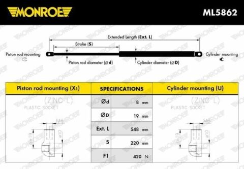 MONROE CITROEN Амортизатор газ.багажник C3 Picasso 09- (420N)