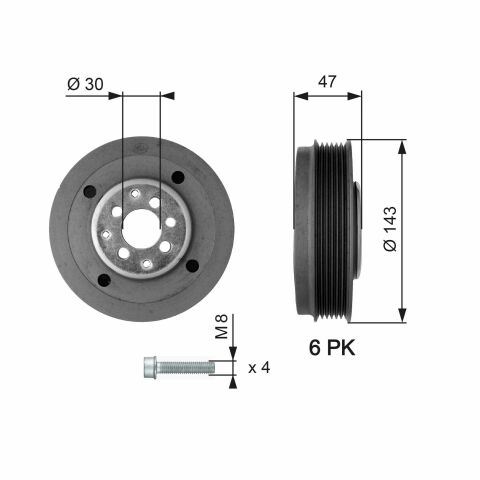 Шкив коленвала VW T5 1.9 TDI 03-09 (143x30) 6PK (AXC/AXB) Шкив коленвала VW T5 1.9 TDI 03-09 (143x30) 6PK (AXC/AXB)
