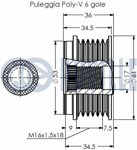 RUVILLE VOLVO Шкив генератора S60,S80,V70 II,XC70,XC90 2.0/2.9 98-