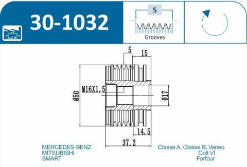 Шків генератора MB A-class (W168/W169)/B-class (W245) 97-12 (5PK)