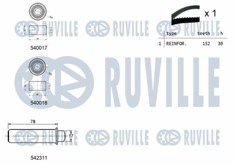 RUVILLE К-кт. ГРМ (рем.+2шт.ролика+кріплення) Citroen Jumper 2.8HDI, Fiat Ducato 2.8 JTD