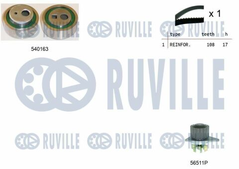 RUVILLE CITROEN К-кт ГРМ (помпа + ролик + ремень) BERLINGO 1.4i 96-11, PEUGEOT 106 I (1A, 1C) 1.3 93-96, 206 SW 1.4 02-07