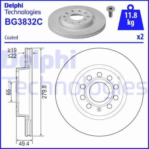 Диск тормозной (передний) (к-кт 2 шт) Audi A3/Skoda Octavia/VW Caddy/Golf 03- (280x22) (с покрытием) (вентилируемый)