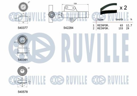 RUVILLE К-кт ГРМ (2шт. ремни + 3шт. ролики + наряжитель) MITSUBISHI 2.0