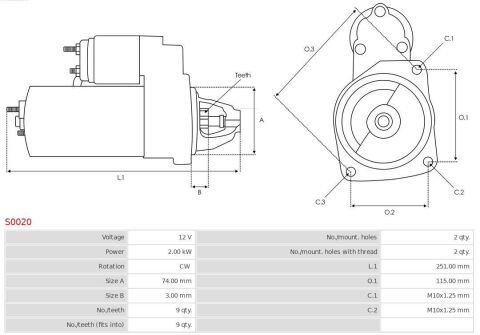 Стартер Toyota Avensis 2.0 D 97-03 (12V/2.0kw) (z=9)